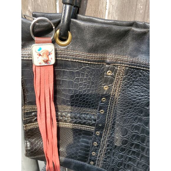 Handmade cow lover boho Leather Fringe Western bag charm, Long fringe keychain - Picture 3 of 6